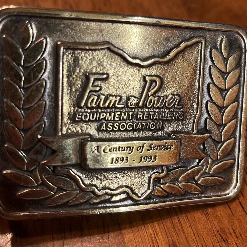 Vintage Ohio Farm & Power Equipment Retailers Belt Buckle 1983-1993 Anniversary View 2